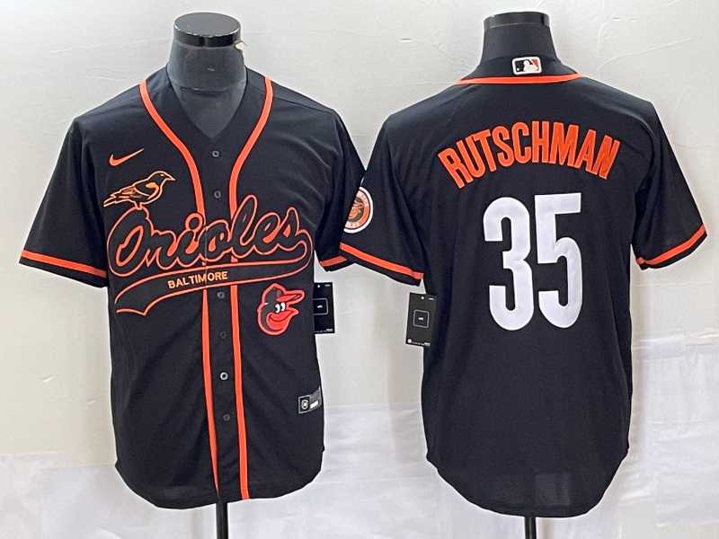Mens Baltimore Orioles #35 Adley Rutschman Black With Patch Cool Base Stitched Baseball Jersey
